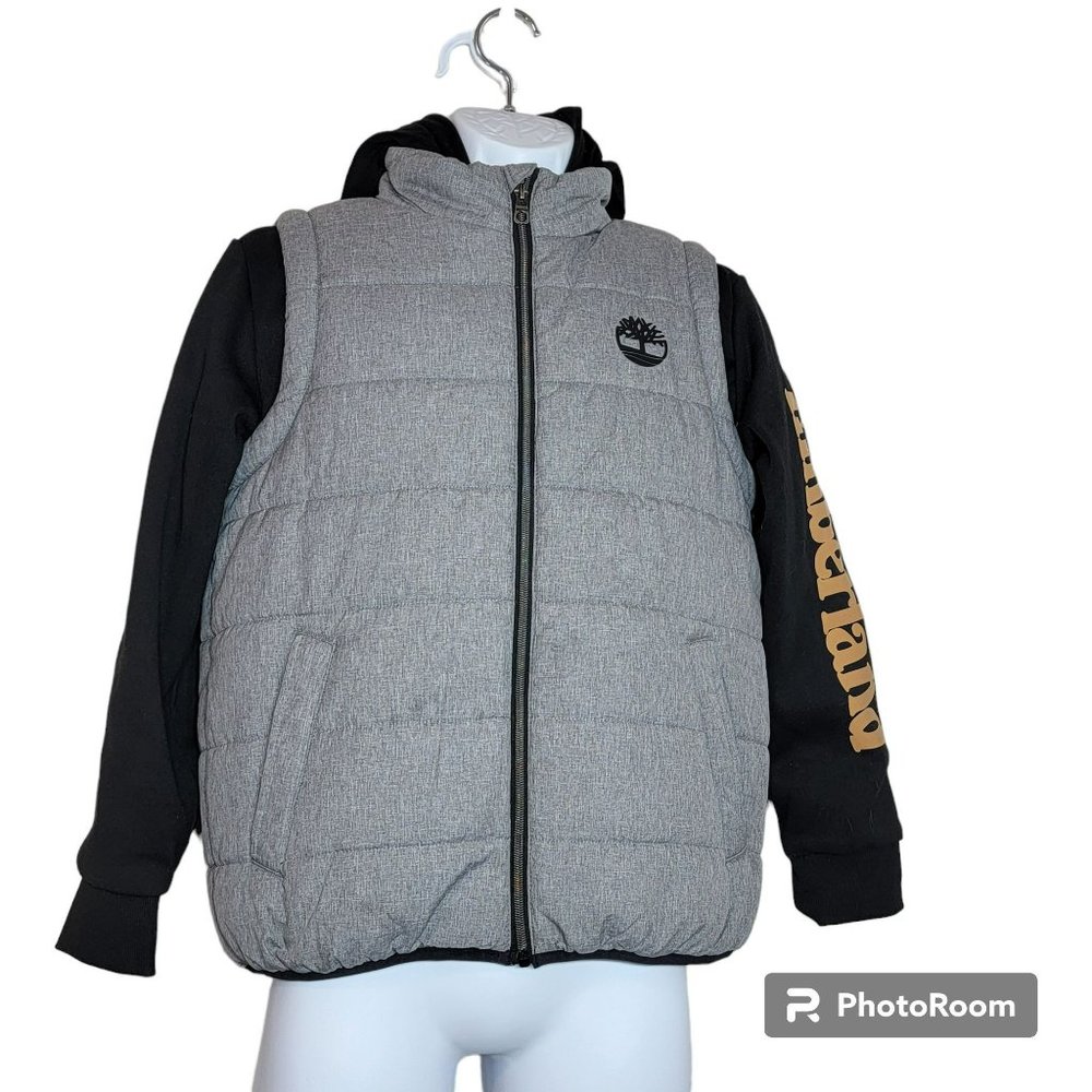 Timberland Jacket, Boys L (14/16) Gray Puffer Body, Black Sleeves/Hood, EUC